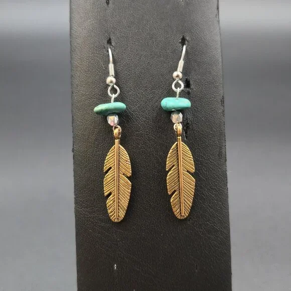 Silver Plated Turquoise Stone Brass Feather Earrings A6985 - Picture 1 of 5